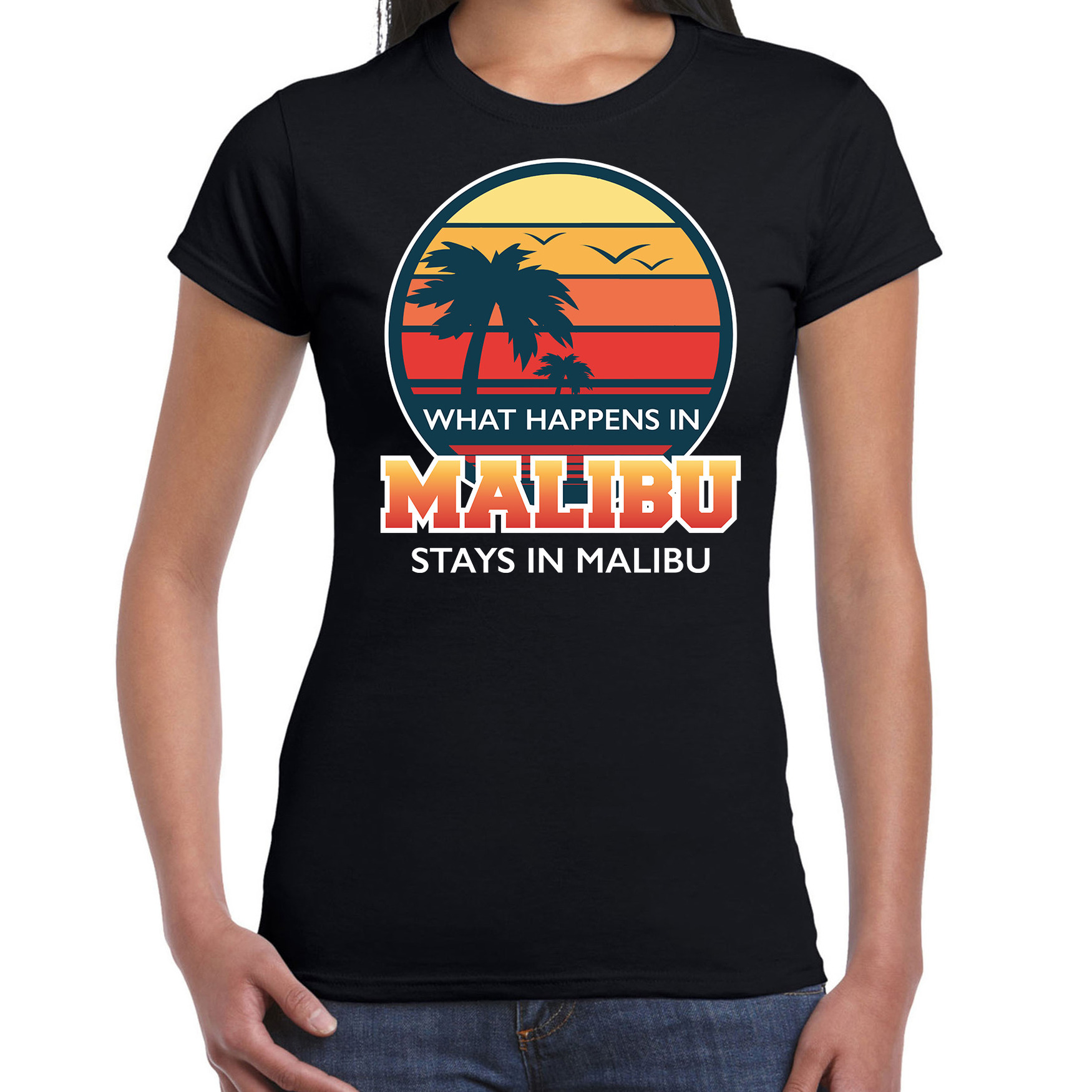Malibu zomer t-shirt / shirt What happens in Malibu stays in Malibu zwart voor dames XS - Top Merken Winkel